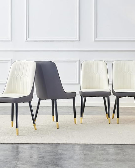 Modern Set of 4, Faux Leather Dining PU Upholstered Kitchen Chair with Black Golden Metal Legs for Home Living Room, Restaurant, 4 Piece, White+gray - LeafyLoom
