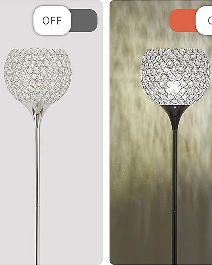 Spherical Crystal Floor Lamp, Silver 8.7 in Shade Elegant Standing Light with Crystal Lamp Shade for Living Room, Bedroom, Office, Modern Chrome 61 in Tall Pole Lighting, E26 Base, LED Bulb Included - LeafyLoom