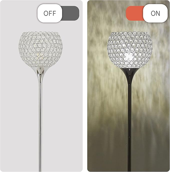 Spherical Crystal Floor Lamp, Silver 8.7 in Shade Elegant Standing Light with Crystal Lamp Shade for Living Room, Bedroom, Office, Modern Chrome 61 in Tall Pole Lighting, E26 Base, LED Bulb Included - LeafyLoom