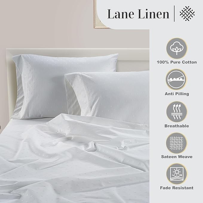 LANE LINEN Split King Sheets for Adjustable Beds - 1000 Thread Count 5PC Sheets Set, 100% Egyptian Cotton, Cool Breathable & Soft, 2 Fitted Fits Upto 16" Deep Pockets - Swiss Dot - White - LeafyLoom