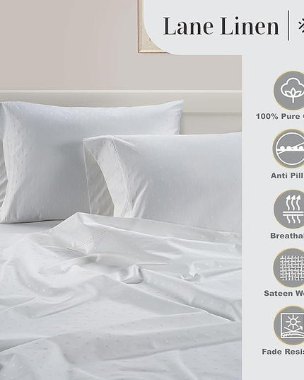 LANE LINEN 100% Egyptian Cotton Bed Sheets - 1000 Thread Count 4PC Calking Sheets Set, Long Staple Cotton Bedding Sheets, Luxury Hotel Sheets, Fits Upto 16" Mattress, Swiss Dot - White - LeafyLoom