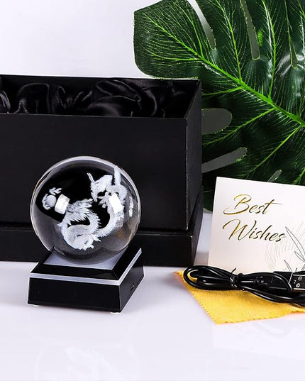 Qianwei Chinese Dragon Decor Gifts, Dragon Statue Figurines Stuff Decorations 3D Laser Etched Halloween Crystal Balls Feng Shui for Witchcraft Paper Weights Glass Decor - LeafyLoom