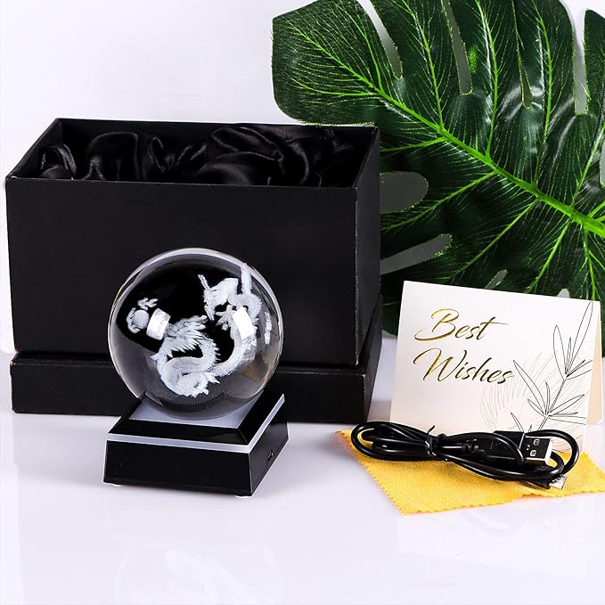 Qianwei Chinese Dragon Decor Gifts, Dragon Statue Figurines Stuff Decorations 3D Laser Etched Halloween Crystal Balls Feng Shui for Witchcraft Paper Weights Glass Decor - LeafyLoom
