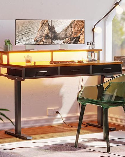 AODK 55 Inch Electric Standing Desk with 3 Drawers, Brown, Height Adjustable Desk with Power Outlets & LED Lights, Stand Up Desk with Monitor Shelf, Sit Stand Desk Computer Workstation - LeafyLoom