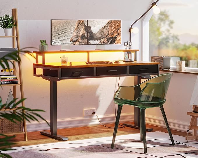 AODK 55 Inch Electric Standing Desk with 3 Drawers, Brown, Height Adjustable Desk with Power Outlets & LED Lights, Stand Up Desk with Monitor Shelf, Sit Stand Desk Computer Workstation - LeafyLoom