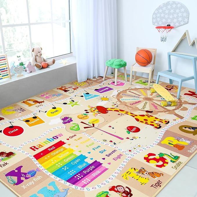 Chicrug Educational Kid Area Rug for Playroom, 4x6 Feet TPR Non Slip Kids Classroom Carpet Rug for Learning ABC Animal, Shape Color Fruit, Washable Play Mat Rug for Children Nursery Toddler Room Decor - LeafyLoom