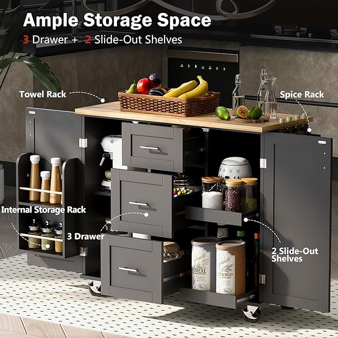 Mobile Island, Spice Tower, Rolling Kitchen Cart on Wheels w/Rubber Wood Top, 3 Drawer, 2 Slide-Out Shelf and Internal Storage Rack, Black, 50 Inch - LeafyLoom