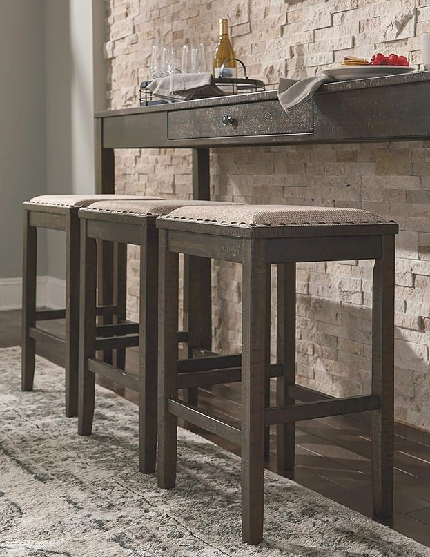 Signature Design by Ashley Rokane Urban Farmhouse 25" Counter Height Dining Room Table Set with 3 Bar Stools, Brown - LeafyLoom