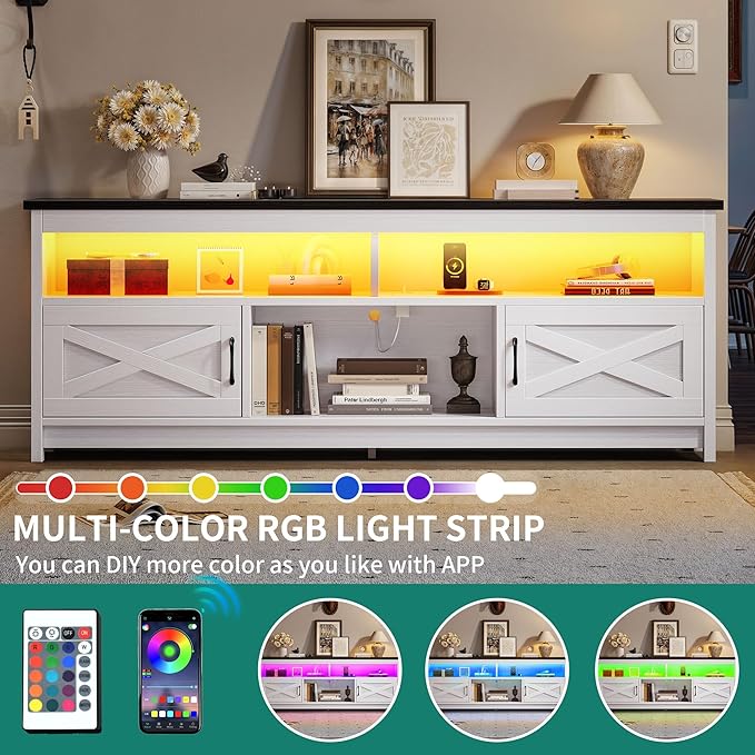 YITAHOME LED TV Stand for 75 65 Inch TV w/Power Outlets, Small Media Console with Storage Cabinets, Farmhouse Entertainment Center Table TV Cabinet for Living Room, 65'' Large TV Stand, Black/White - LeafyLoom