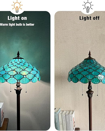 Capulina Tiffany Floor Lamp 2-Light 16X16X63 Inches Seagrass Blue Beads Style Stained Glass Standing Reading Light for Living Room Bedroom Home Office - LeafyLoom