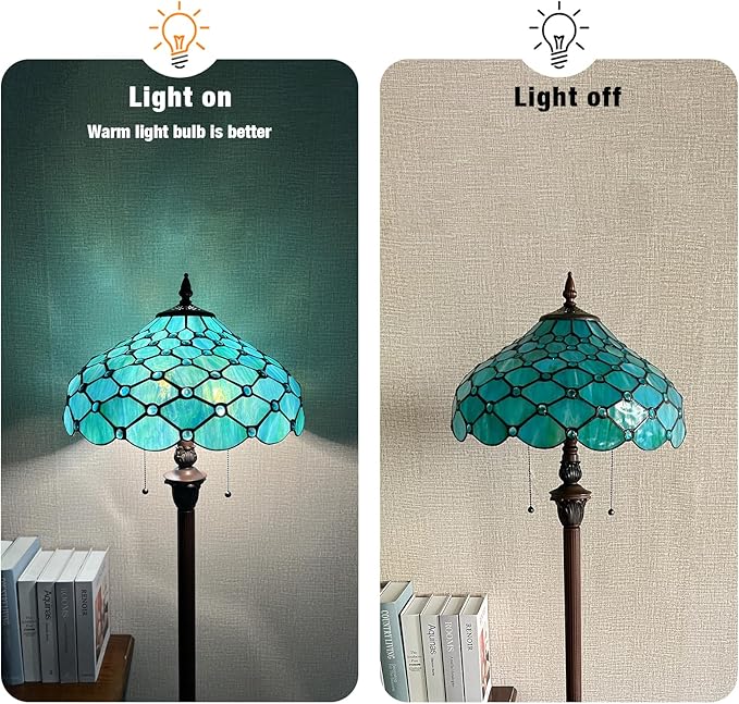 Capulina Tiffany Floor Lamp 2-Light 16X16X63 Inches Seagrass Blue Beads Style Stained Glass Standing Reading Light for Living Room Bedroom Home Office - LeafyLoom