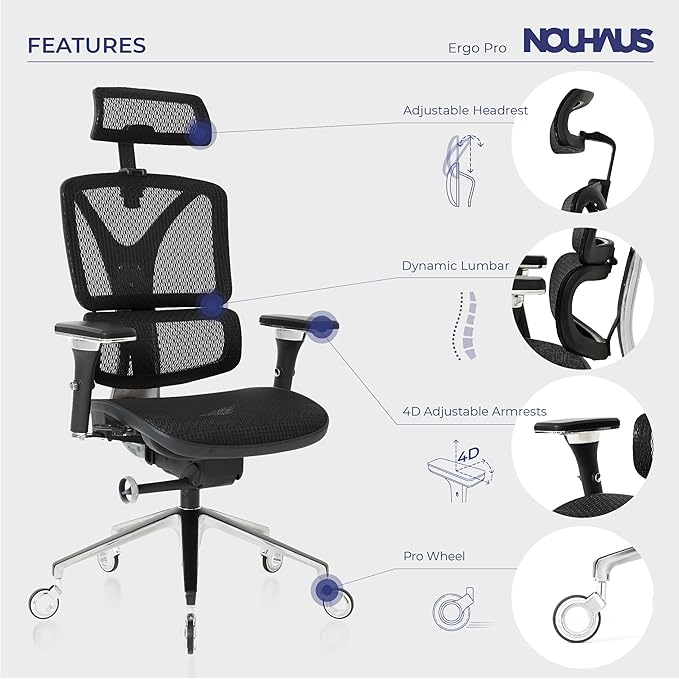 Nouhaus Ergonomic Office Chair Lumbar Support Aluminum Alloy Backrest, Big and Tall Mesh Computer Desk Chair with Adjustable Headrest, 4D Armrest and Premium Wheels(ErgoPRO,Black) - LeafyLoom