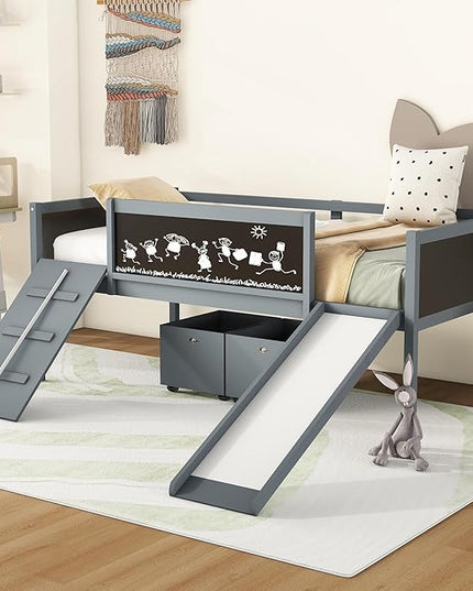 Twin Size Low Loft Bed with Slide and 2 Storage Boxes,Kids Low Loft Bed Frame with Climbing and Chalkboard,Solid Loft Bed Twin for Boys,Girls,Gray - LeafyLoom