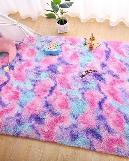 AROGAN 8x10 Feet Soft Rainbow Area Rugs for Kids Girls Room, Fluffy Cute Colorful Princess Carpet for Kids Teens Nursery Toddler,Bedroom, Hot Pink - LeafyLoom