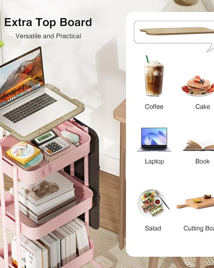 DTK 3 Tier Metal Utility Rolling Cart with Table Top and Side Bags, Metal Tray Storage Organizer Cart with Wheels, Art Craft Cart with 4 Hooks for Kitchen Bathroom Office Living Room (Pink) - LeafyLoom