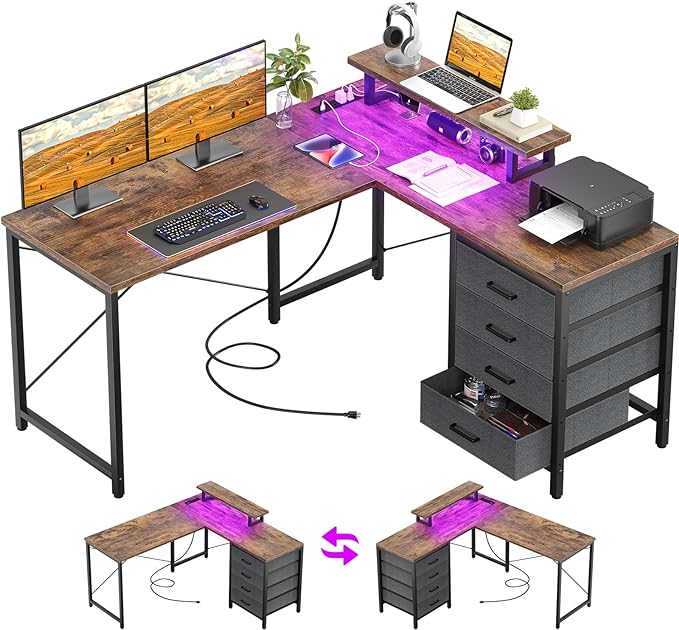 Homieasy L Shaped Desk with Drawers & Power Outlets, Reversible Computer Desk with LED Light and Monitor Stand, 50 Inch Home Office Gaming Work Study Desk with 4 Storage Drawers, Rustic Brown - LeafyLoom