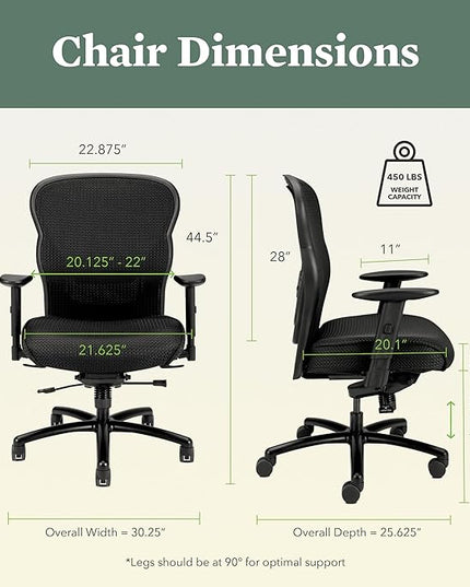 HON Wave Mesh Big and Tall Executive Chair | Knee-Tilt | Adjustable Arms | Black Fabric Seat | HVL705 Model - LeafyLoom
