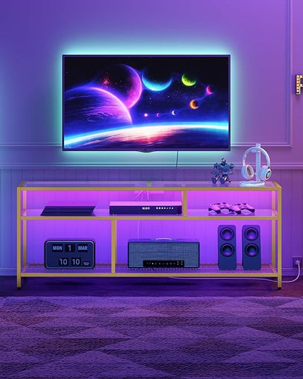 HOOBRO Gold TV Stand, Rectangular LED TV Stand with Power Outlets to 65'', Modern Glass Entertainment Center with Open Shelves, Media TV Console Table for Living Room, Bedroom, Gold GD49UDDS01 - LeafyLoom