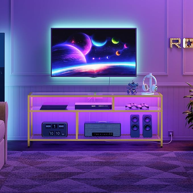 HOOBRO Gold TV Stand, Rectangular LED TV Stand with Power Outlets to 65'', Modern Glass Entertainment Center with Open Shelves, Media TV Console Table for Living Room, Bedroom, Gold GD49UDDS01 - LeafyLoom