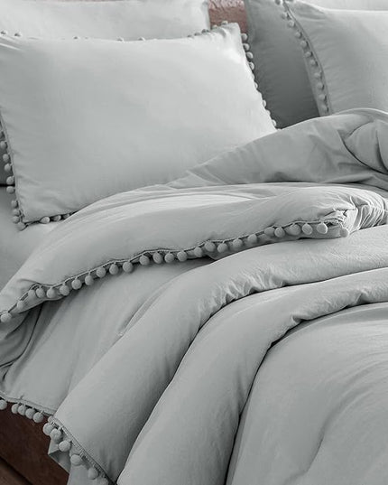 Litanika Queen Size Comforter Set Light Grey,3 Pieces Light Grey Boho Pom Pom Lightweight Bed Comforter, All Season Soft Solid Color Bedding Comforter Sets (1 Comforter 90x90 Inch, 2 Pillowcases) - LeafyLoom