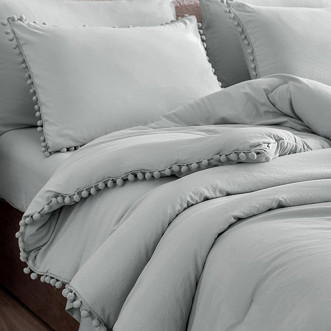 Litanika Queen Size Comforter Set Light Grey,3 Pieces Light Grey Boho Pom Pom Lightweight Bed Comforter, All Season Soft Solid Color Bedding Comforter Sets (1 Comforter 90x90 Inch, 2 Pillowcases) - LeafyLoom