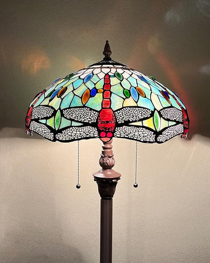 Capulina Tiffany Floor Lamp Fine Sky Dragonfly Style Stained Glass Standing Light Industrial Dark Bronze Pole for Living Room Bedroom Home Office - LeafyLoom