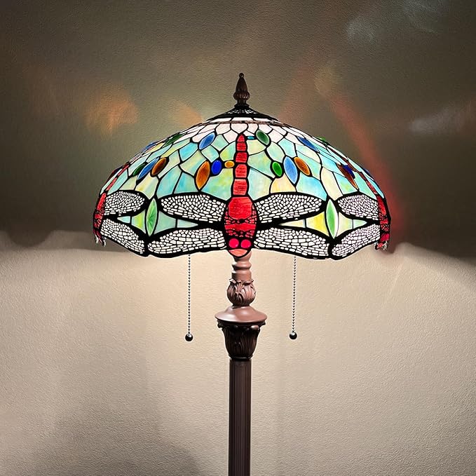 Capulina Tiffany Floor Lamp Fine Sky Dragonfly Style Stained Glass Standing Light Industrial Dark Bronze Pole for Living Room Bedroom Home Office - LeafyLoom