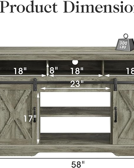 Farmhouse TV Stand for 23" Fireplace, 34'' Tall Entertainment Center for 65+ Inch TV, Rustic TV Console with Sliding Bar Door for Living Room (Light Grey) - LeafyLoom