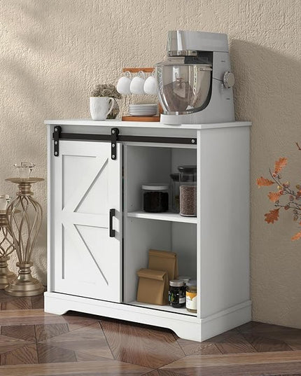 Panana Sliding Barn Door Buffet Sideboard Storage Cabinet Coffee Bar Kitchen Farmhouse Style (White Cabinet) - LeafyLoom