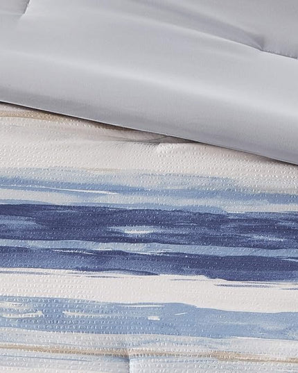 Madison Park Marina Comforter Quilt Combo Set - Modern Luxury Design, All Season Down Alternative Bedding, Matching Shams, Decorative Pillows, King/Cal King(104"x92") Seersucker Blue 8 Piece - LeafyLoom