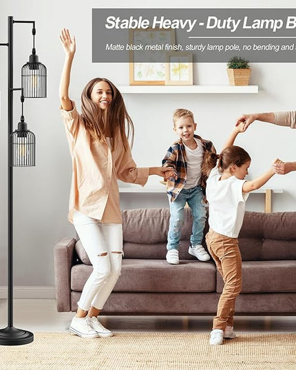 QiMH Industrial Floor Lamp for Living Room,LED Farmhouse Standing Lamp with 3 Birdcage Hanging Shade, Dimmable Tall Lamp Rustic Home Decor for Bedroom Office, Black (Bulbs Included) - LeafyLoom