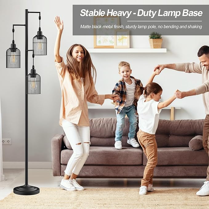 QiMH Industrial Floor Lamp for Living Room,LED Farmhouse Standing Lamp with 3 Birdcage Hanging Shade, Dimmable Tall Lamp Rustic Home Decor for Bedroom Office, Black (Bulbs Included) - LeafyLoom