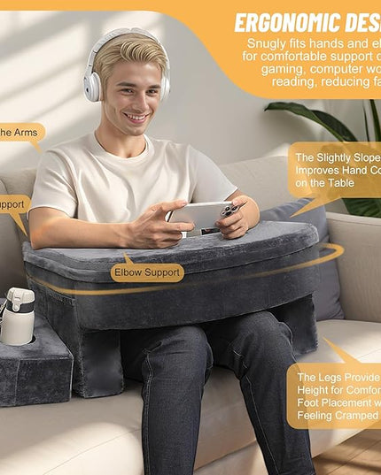 Reading Pillow & Gaming Pillow for Lap, Lap Desk Pillow for Gaming with Coaster, Soft Arm Rest Pillow for Adult, Memory Foam Bed Rest Pillows for Reading, Working, Sitting in Bed Floor Sofa, Grey - LeafyLoom