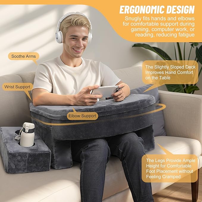 Reading Pillow & Gaming Pillow for Lap, Lap Desk Pillow for Gaming with Coaster, Soft Arm Rest Pillow for Adult, Memory Foam Bed Rest Pillows for Reading, Working, Sitting in Bed Floor Sofa, Grey - LeafyLoom
