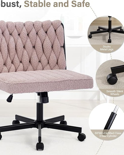 Criss Cross Legged Office Desk Chair with Wheels, Modern Armless Desk Chair with Wide Seat, Home Office Chair for Work, Meditation, Vanity, Pink - LeafyLoom