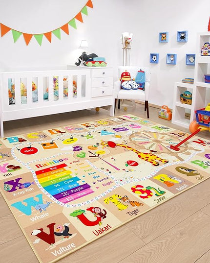 Chicrug Educational Kid Area Rug for Playroom, 4x6 Feet TPR Non Slip Kids Classroom Carpet Rug for Learning ABC Animal, Shape Color Fruit, Washable Play Mat Rug for Children Nursery Toddler Room Decor - LeafyLoom