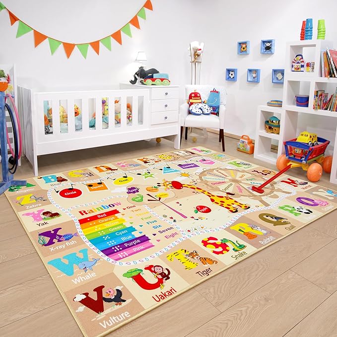 Chicrug Educational Kid Area Rug for Playroom, 4x6 Feet TPR Non Slip Kids Classroom Carpet Rug for Learning ABC Animal, Shape Color Fruit, Washable Play Mat Rug for Children Nursery Toddler Room Decor - LeafyLoom