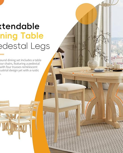 Farmhouse Round Pedestal 15.8" Removable Leaf, Extendable Kitchen w/Ladder Back Chairs, for Small Places, Room, 5 Piece Dining Table Set, Natural 16 - LeafyLoom