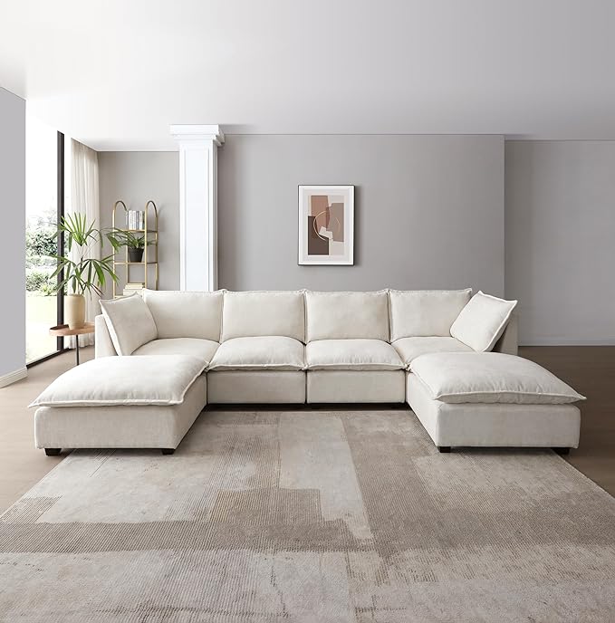 Free Combination Extra Wide Convertible Modular Sectional Sofa with Movable Ottoman Sets,6 Seater Oversized Reversible Corner Couch with Thicked Cushion & Detackable Backrest for Living Room - LeafyLoom