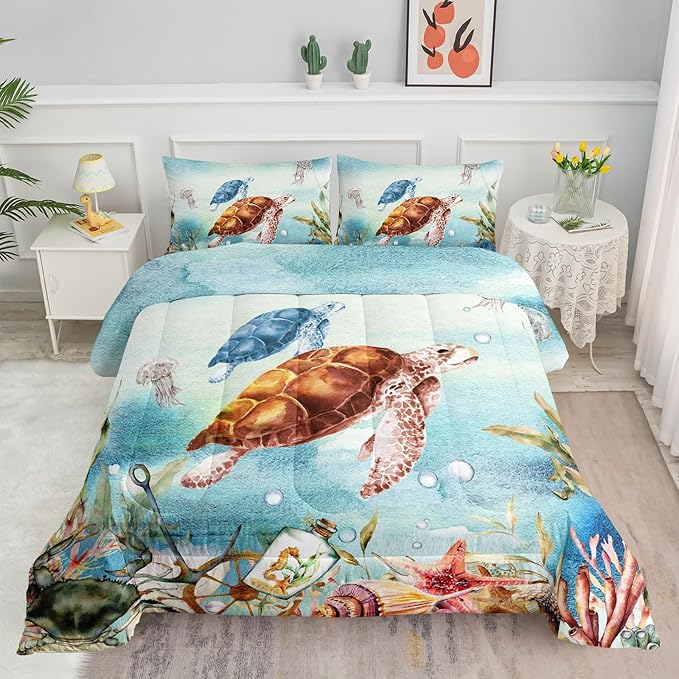 Datura home Sea Turtle Bedding Comforter Set for Boys Girls Teens Children Adults,Watercolor Sea Creatures Blue Ocean Theme Bedding Set with 1 Comforter and 2 Pillowcases(Turtle Full) - LeafyLoom