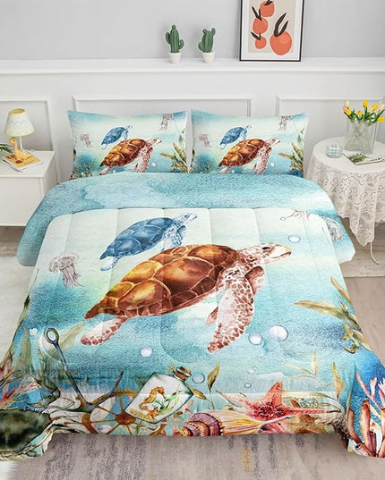 Datura home Sea Turtle Bedding Comforter Set for Boys Girls Teens Children Adults,Watercolor Sea Creatures Blue Ocean Theme Bedding Set with 1 Comforter and 2 Pillowcases(Turtle Twin) Blue Turtle - LeafyLoom
