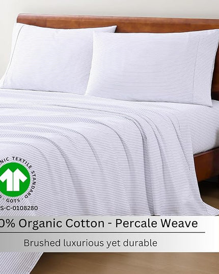LANE LINEN 100% Organic Cotton Sheet Sets Queen Size, 4Pc Queen Size Cotton Sheets, Hotel Style Sheets, Bedding Sheets & Pillowcases, Queen Sheet Sets Deep Pockets Fits upto 15" - Blue Ticking Stripe - LeafyLoom