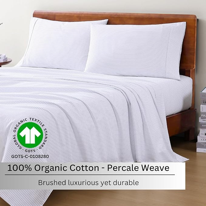 LANE LINEN 100% Organic Cotton Sheet Sets Queen Size, 4Pc Queen Size Cotton Sheets, Hotel Style Sheets, Bedding Sheets & Pillowcases, Queen Sheet Sets Deep Pockets Fits upto 15" - Blue Ticking Stripe - LeafyLoom