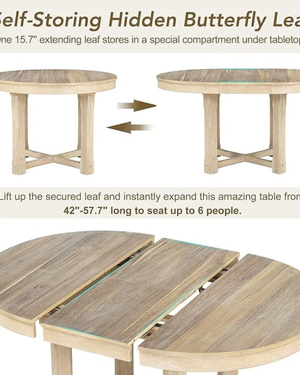 Kitchen 5-Piece Set, Two-Size Round to Oval Extendable Butterfly Leaf Table and 4 Upholstered Dining Chairs with Armrests, Natural Wood Wash - LeafyLoom