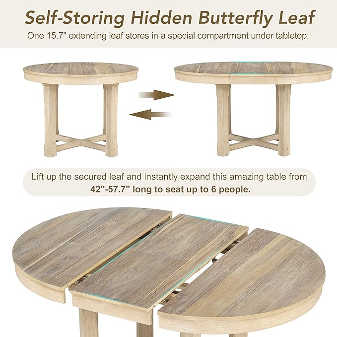 Kitchen 5-Piece Set, Two-Size Round to Oval Extendable Butterfly Leaf Table and 4 Upholstered Dining Chairs with Armrests, Natural Wood Wash - LeafyLoom