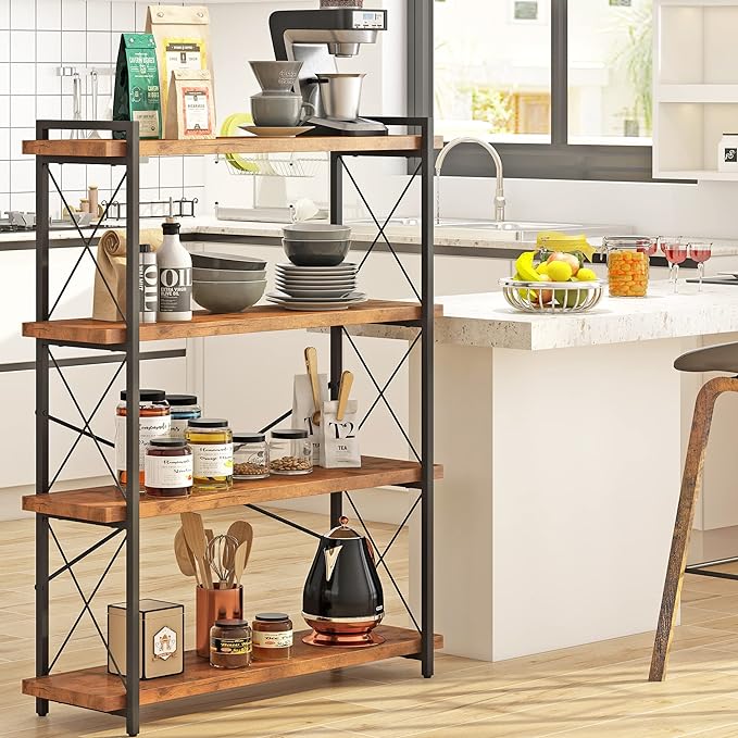 HCHQHS Bookshelf, 4-Tier Industrial Bookcase, Rustic Open Book Shelf, Freestanding Tall Bookshelves with Metal Frame - LeafyLoom