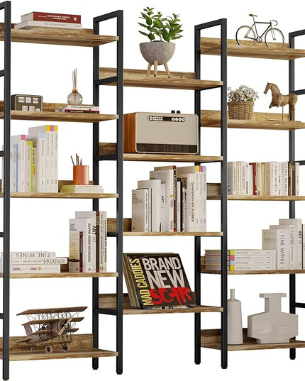 IRONCK Bookcases and Bookshelves Triple Wide 5 Tiers Industrial Bookshelf with Baffles Large Etagere Bookshelf with Metal Frame for Living Room Home Office - LeafyLoom