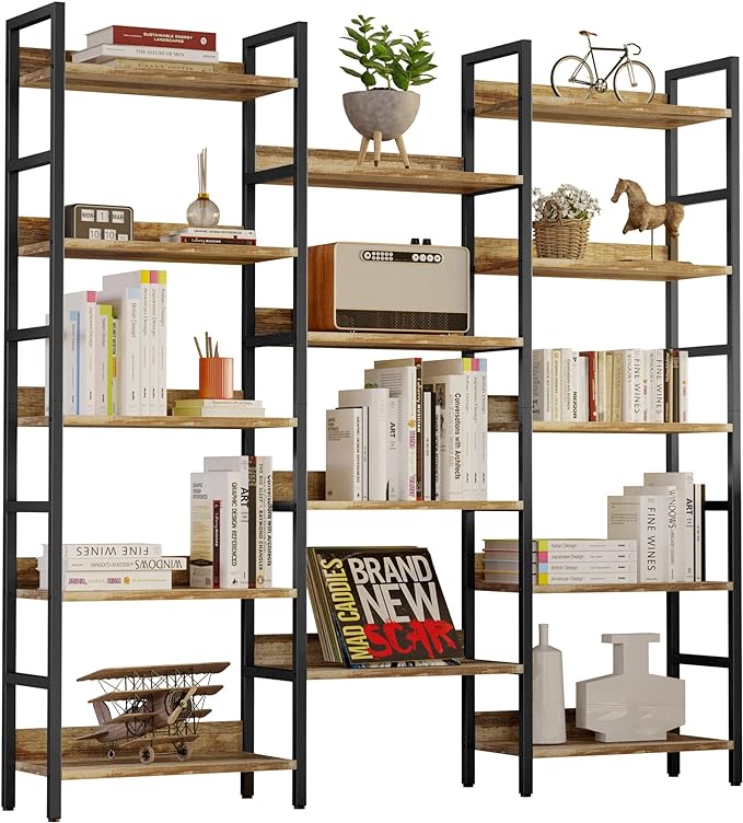 IRONCK Bookcases and Bookshelves Triple Wide 5 Tiers Industrial Bookshelf with Baffles Large Etagere Bookshelf with Metal Frame for Living Room Home Office - LeafyLoom