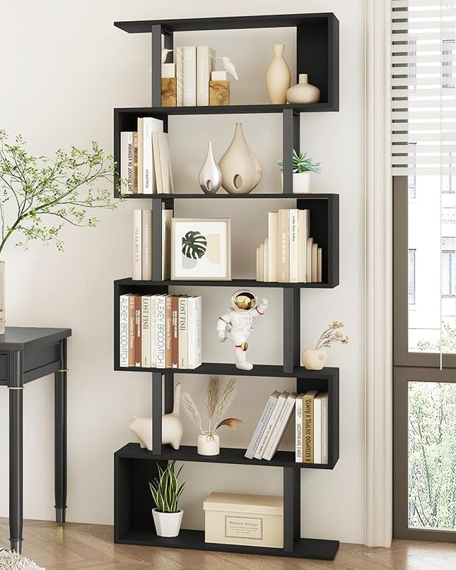 Yusong S Shaped Bookshelf, Modern Geometric Bookcase, 6-Tier Black Display Case Book Shelf - LeafyLoom