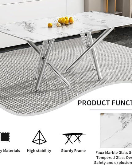 NicBex Large Modern Simple Rectangular Glass Dining Table for 6-8 People with 0.39-Inch White Imitation Marble Desktop and Silver Metal Legs for Banquet Hall, White Marble + Silver - LeafyLoom